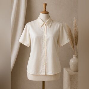 Vintage Cream Satin Blouse Lace Collar Short Sleeve Functional Sz 16